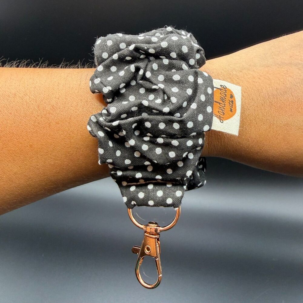 Handmade One Size Scrunchie Key Fob Wristlet Womens Black Polka Dot Cotton